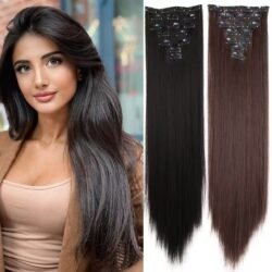6-piece clip-in hair extension set, straight long synthetic hair
